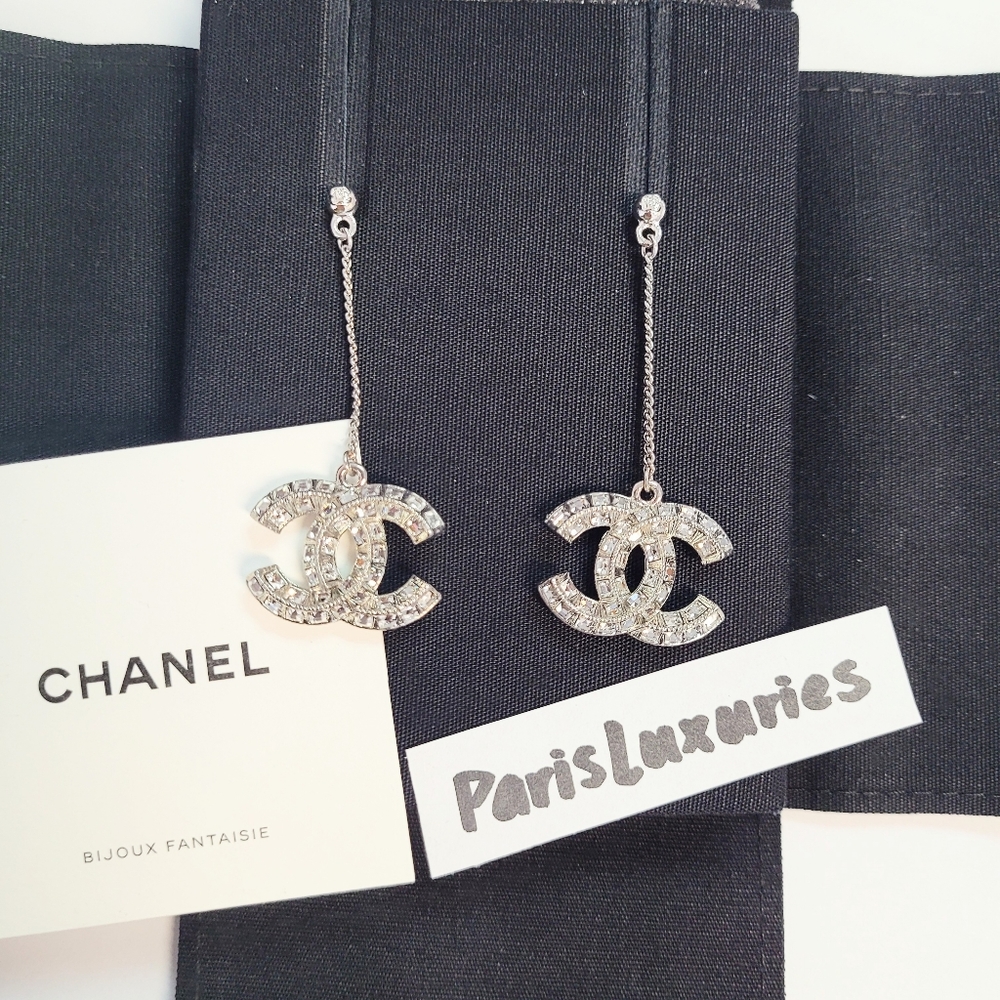 CHANEL CC Silver Baguette Chain Dangle Earrings